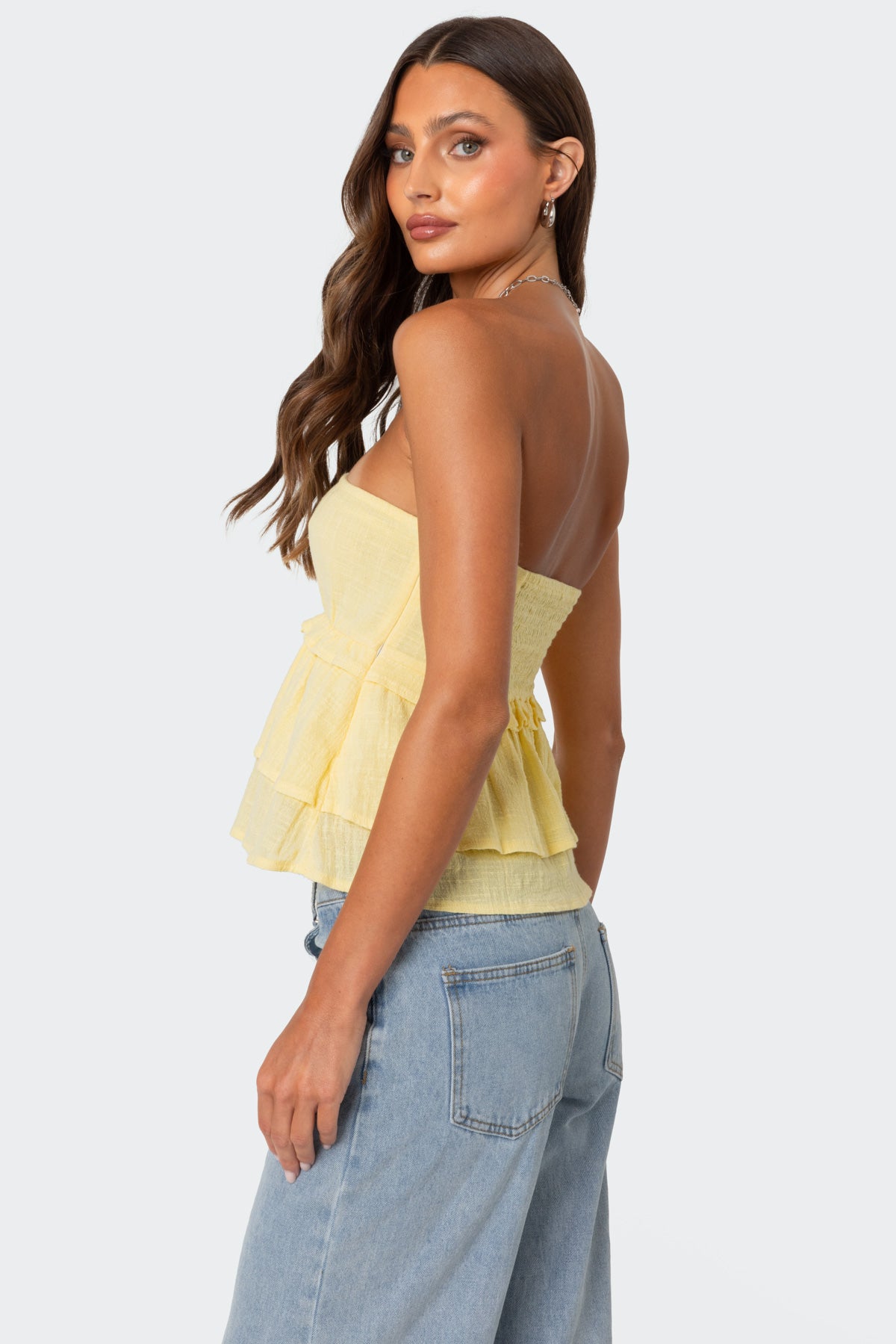 Linen Look Strapless Peplum Top