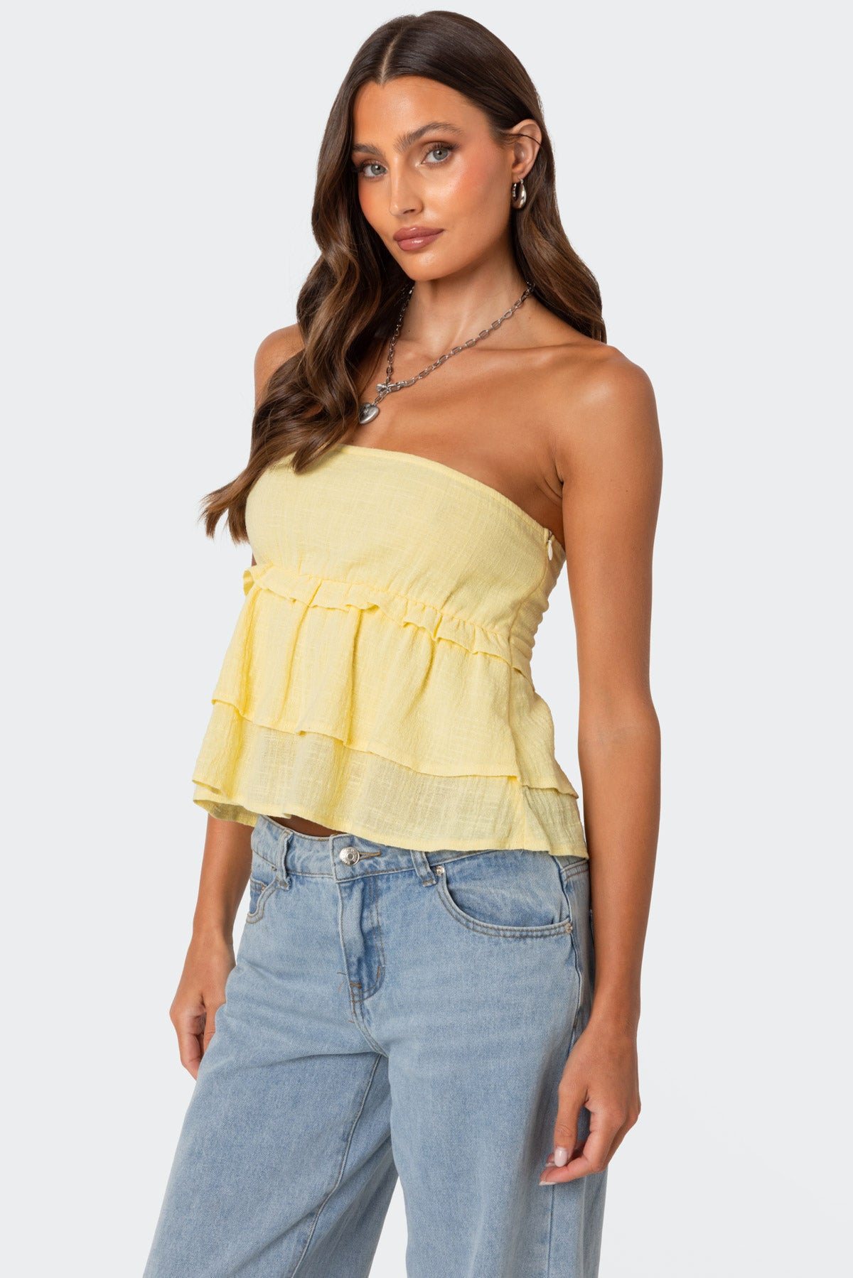 Linen Look Strapless Peplum Top