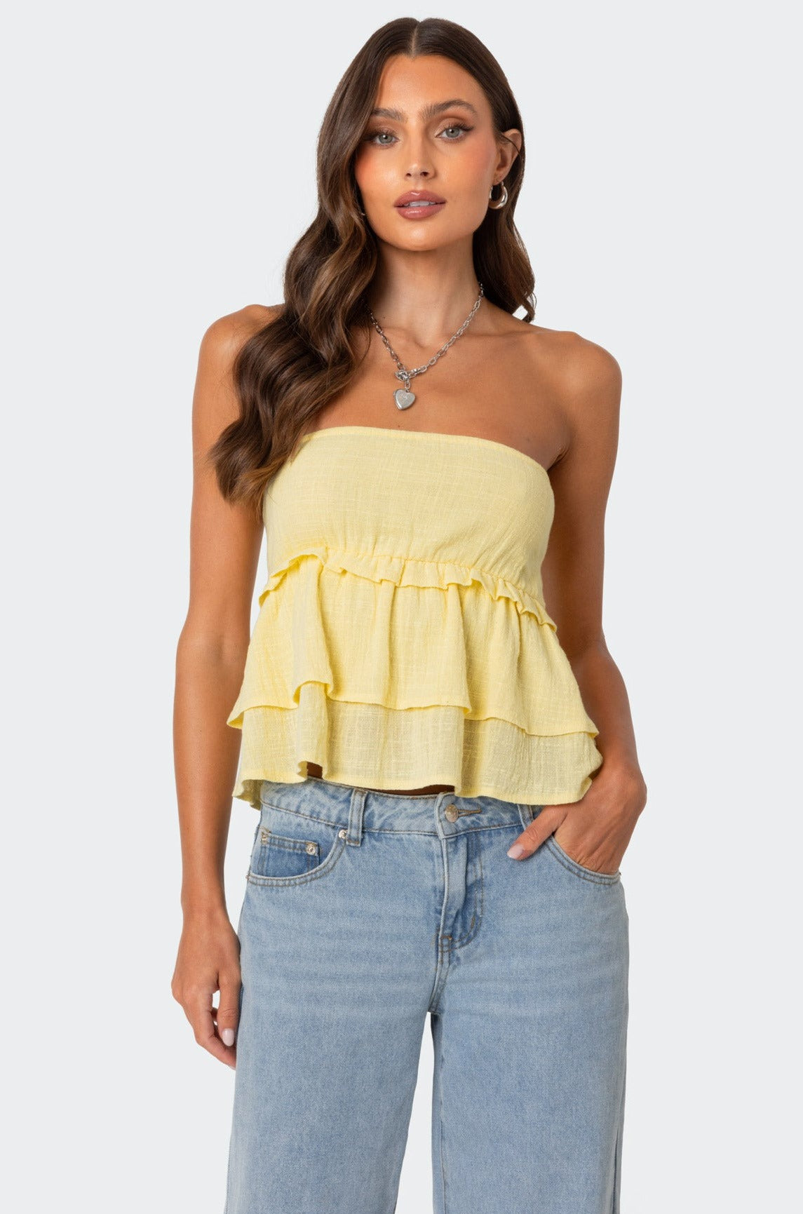 Linen Look Strapless Peplum Top