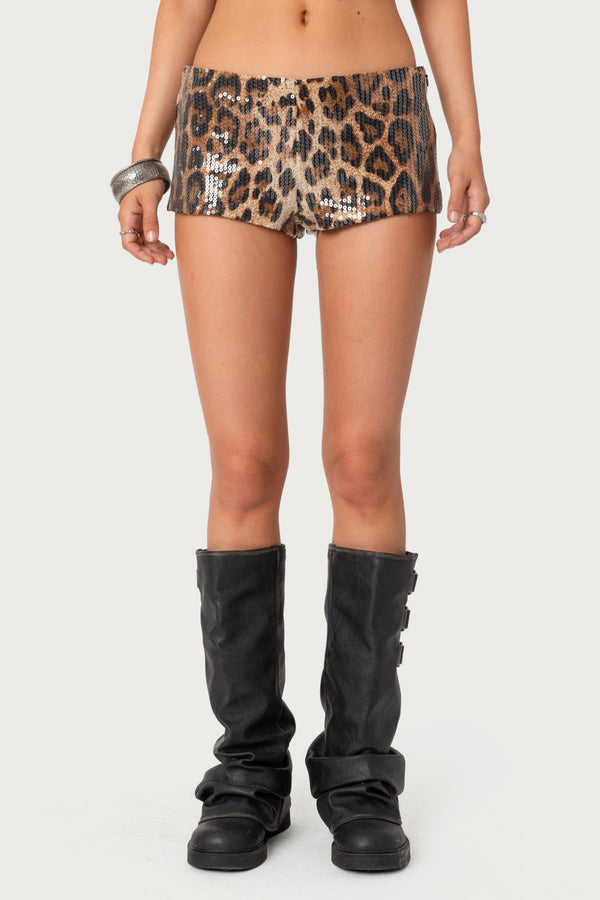 Sequin Leopard Printed Micro Shorts