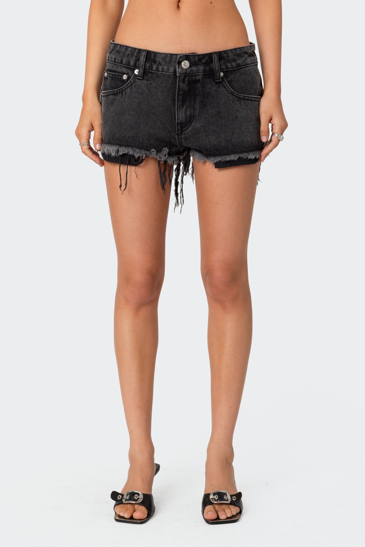 Exposed Pockets Low Rise Denim Shorts