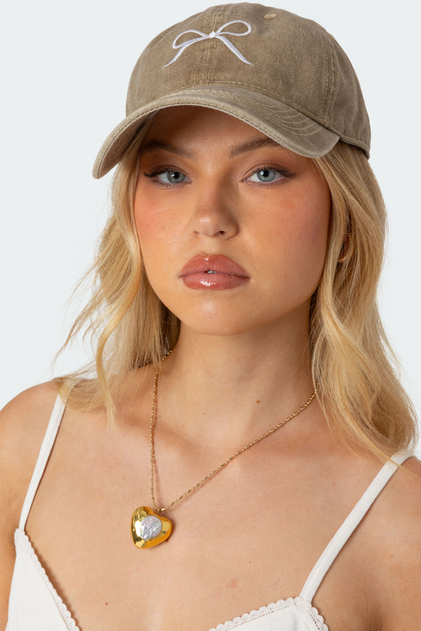 Embroidered Bow Washed Baseball Cap