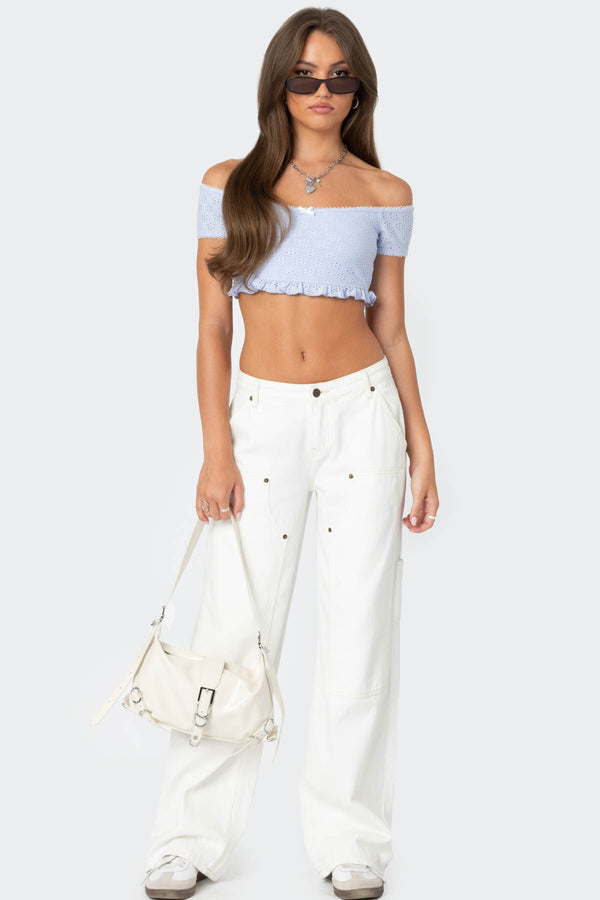 Off Shoulder Eyelet Crop Top