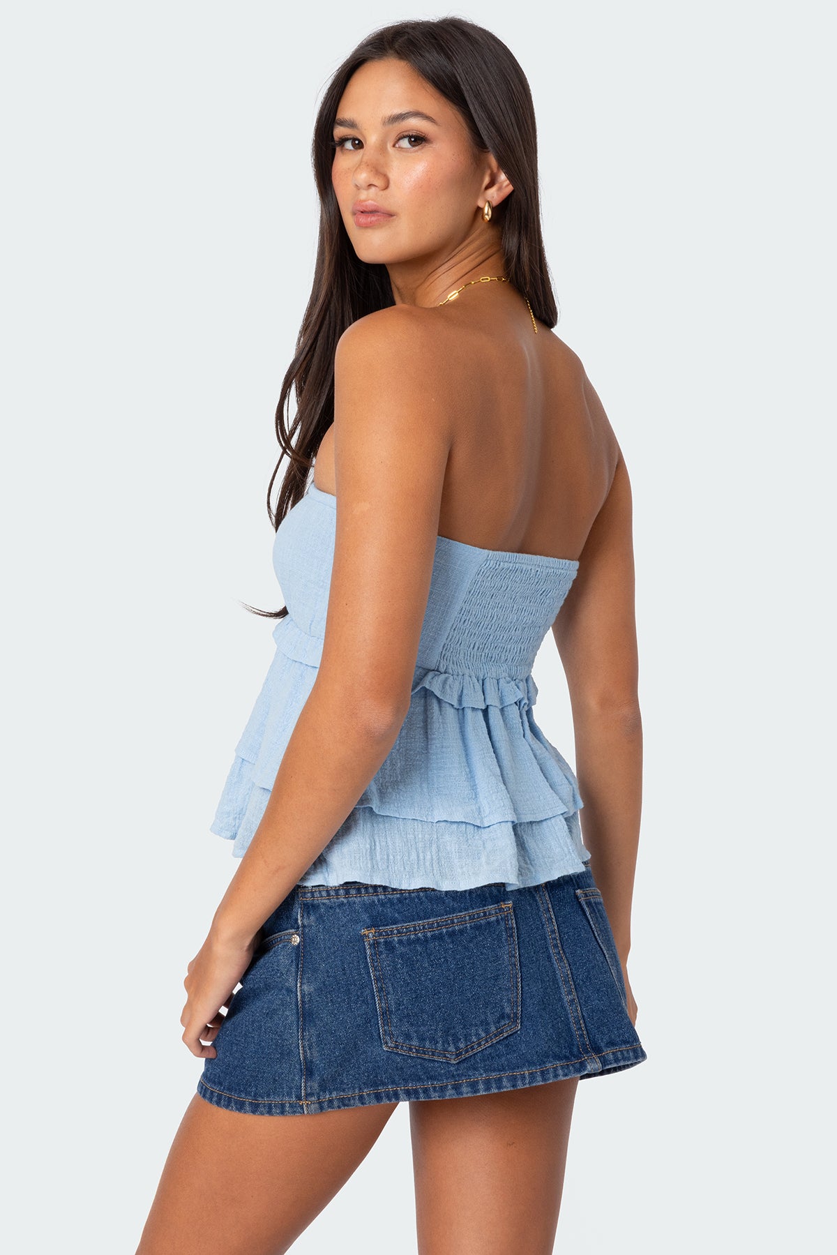 Linen Look Strapless Peplum Top