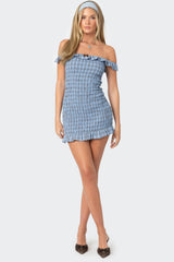 Off Shoulder Scrunched Plaid Mini Dress