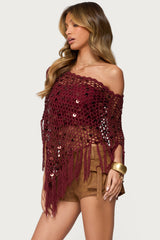 Fringe Sequin Crochet Poncho