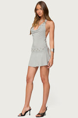 Grommet Cowl Neck Halter Mini Dress