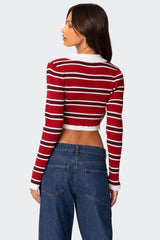 Collared Stripey Ribbed Crop Top