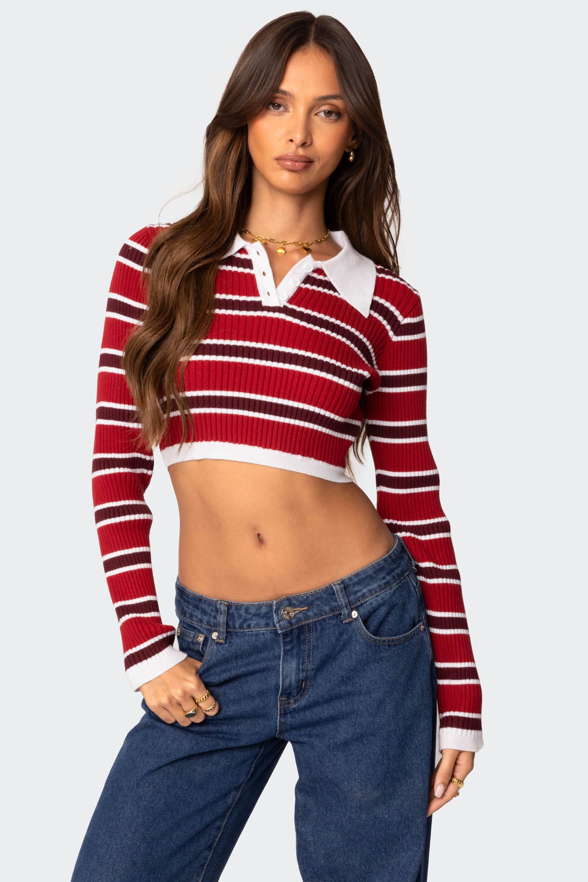 Collared Stripey Ribbed Crop Top