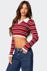 Collared Stripey Ribbed Crop Top