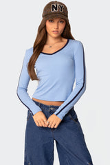 Contrast V Neck Long Sleeve T Shirt