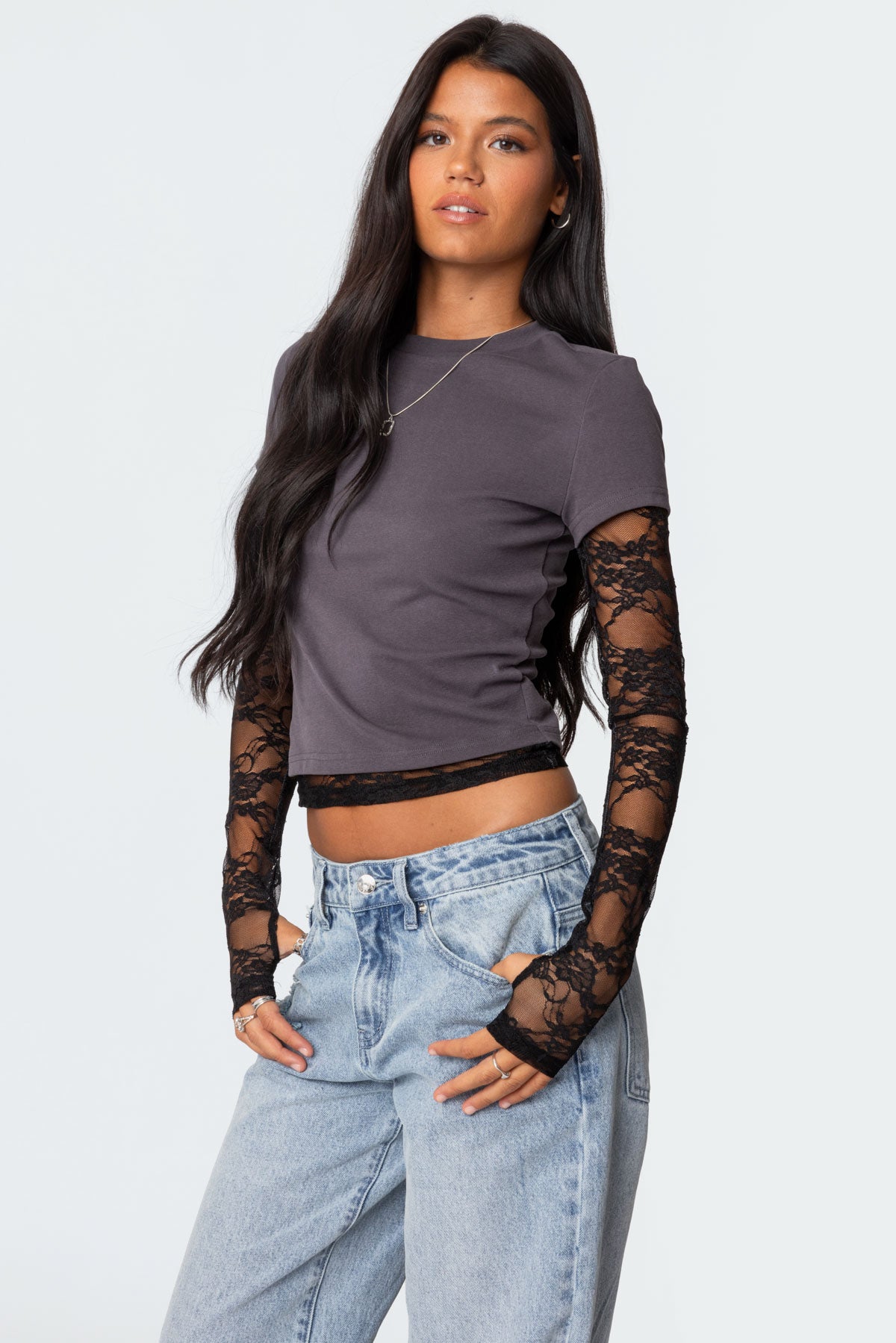 Layered Lace Sleeve T Shirt