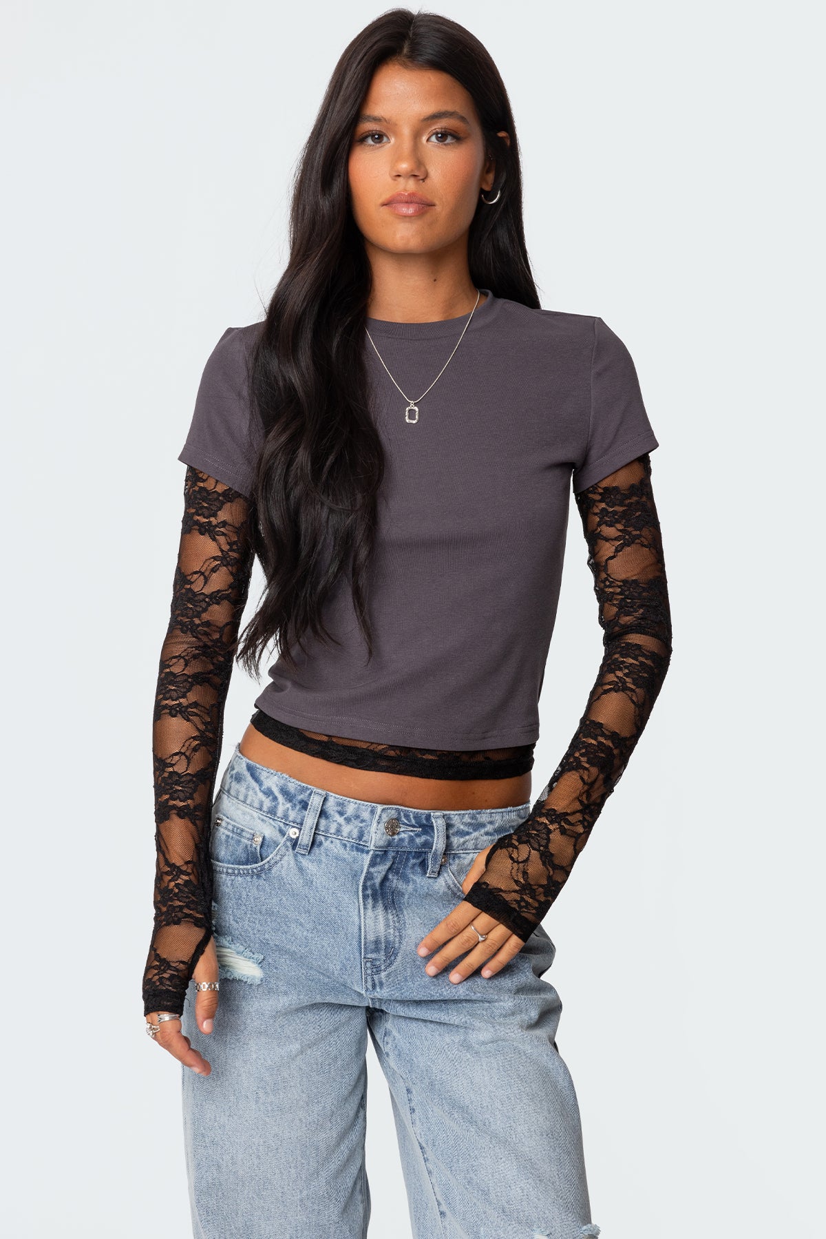 Layered Lace Sleeve T Shirt