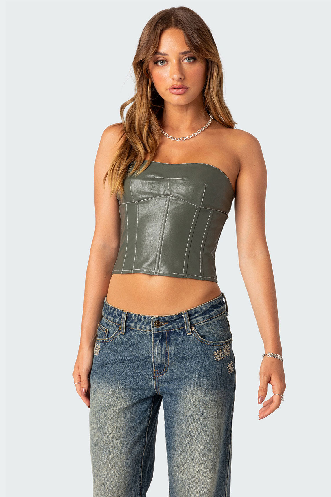 Moss Faux Leather Lace Up Corset