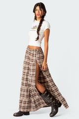 Plaid Side Slit Tiered Maxi Skirt