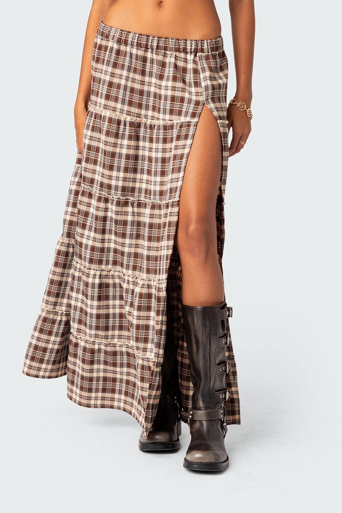 Plaid Side Slit Tiered Maxi Skirt