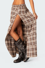 Plaid Side Slit Tiered Maxi Skirt