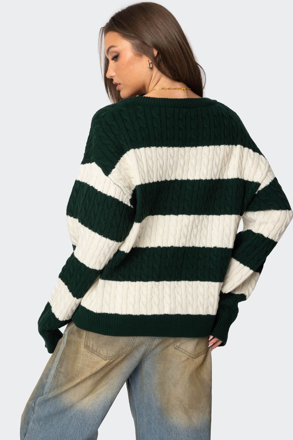 Oversized Striped Cable Knit Sweater