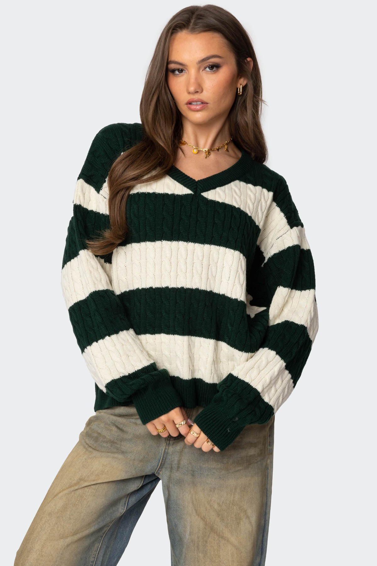 Oversized Striped Cable Knit Sweater