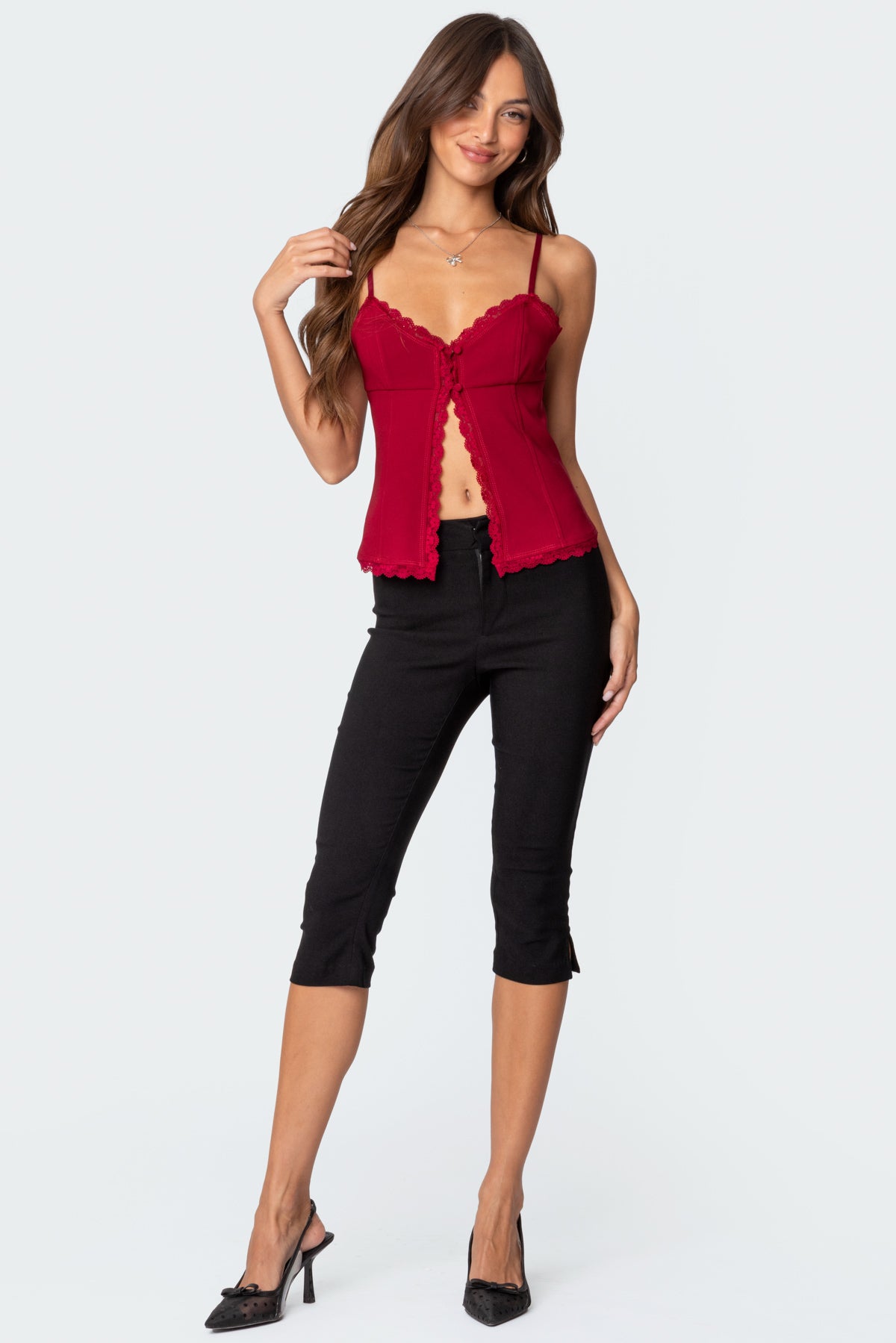 Crimson Lacey Split Front Top