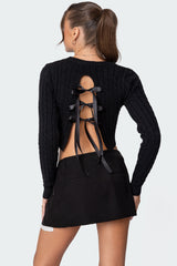 Bow Back Cropped Cable Knit Sweater