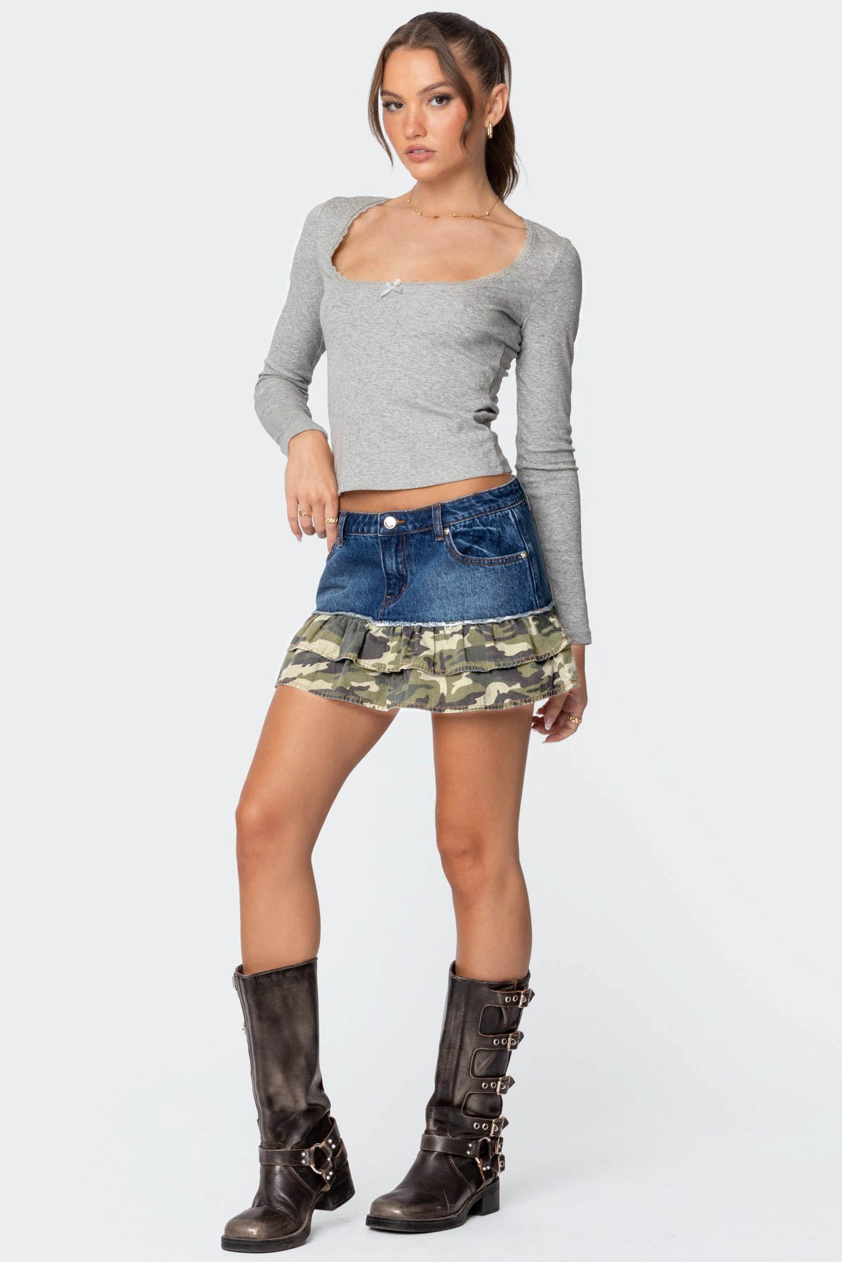 Camo Ruffle Denim Mini Skirt