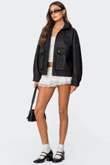 Cargo Faux Leather Bomber Jacket