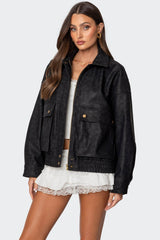 Cargo Faux Leather Bomber Jacket