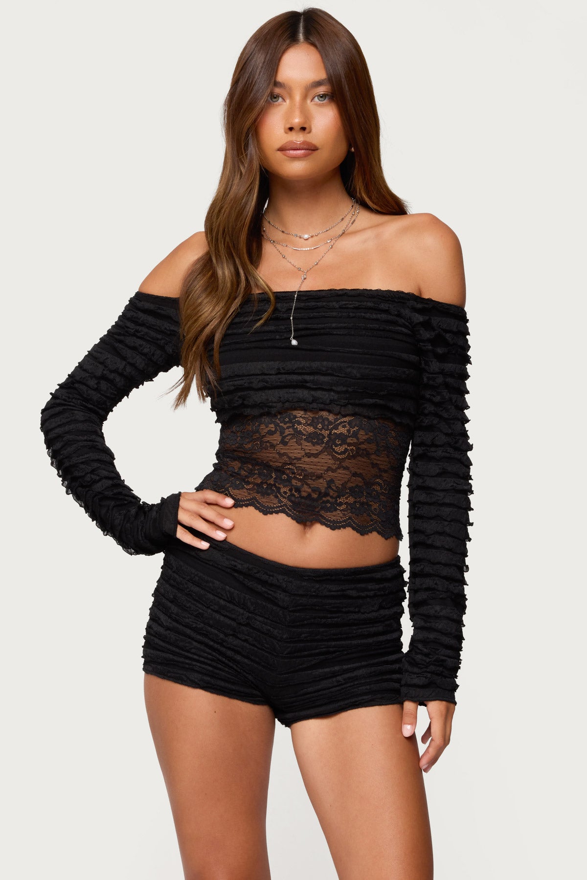 Tauri Lacey Ruffled Off Shoulder Top – edikted