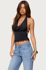 Layered Lacey Cowl Neck Halter Top