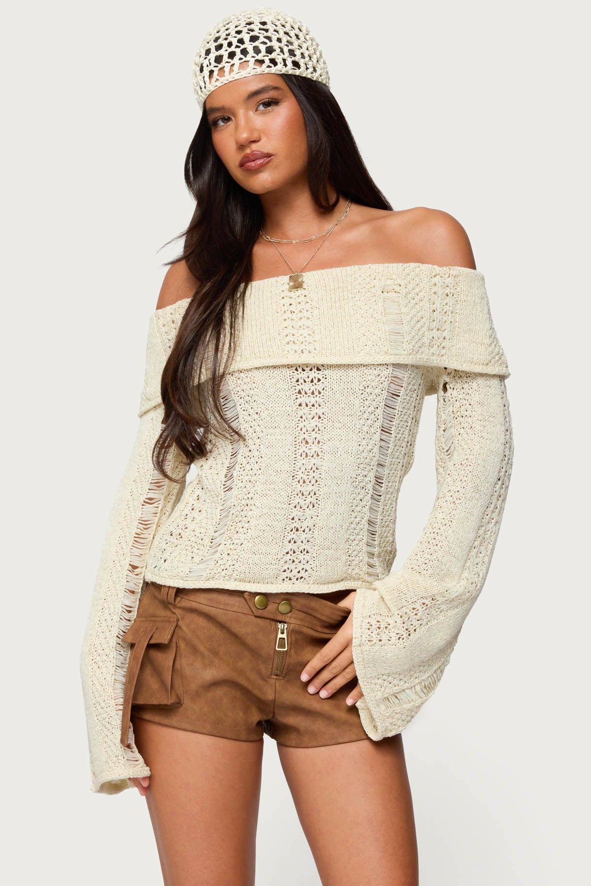Renna Distressed Fold Over Knit Top – edikted