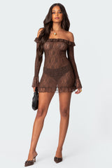 Wisteria Scrunched Sheer Lace Mini Dress