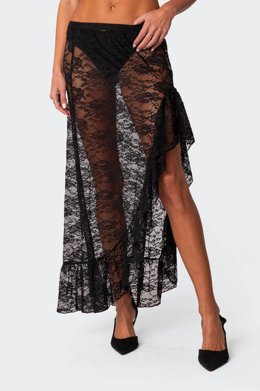 Asymmetric Ruffle Sheer Lace Maxi Skirt