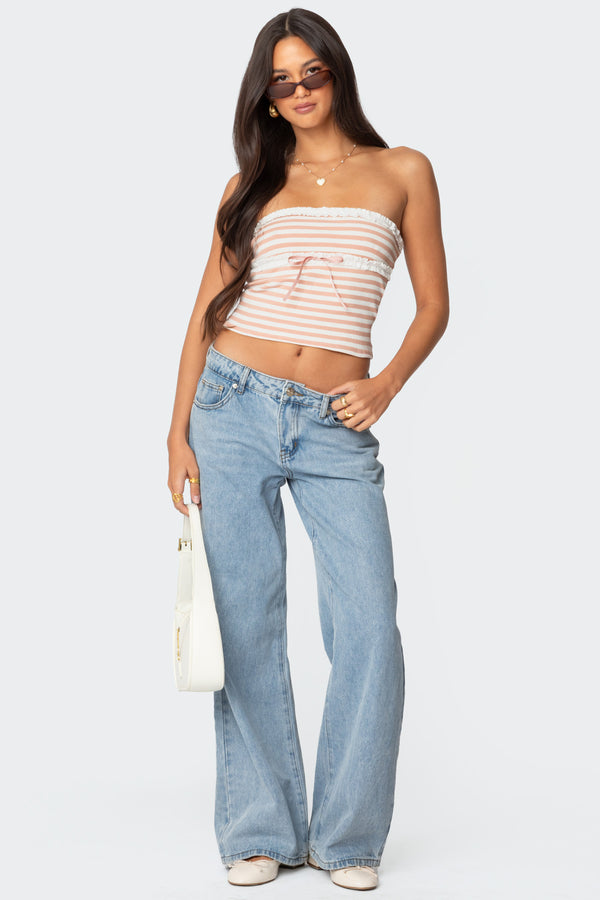 Striped Eyelet Trim Tube Top