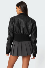 Cropped Faux Leather Bomber Jacket