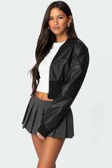 Cropped Faux Leather Bomber Jacket