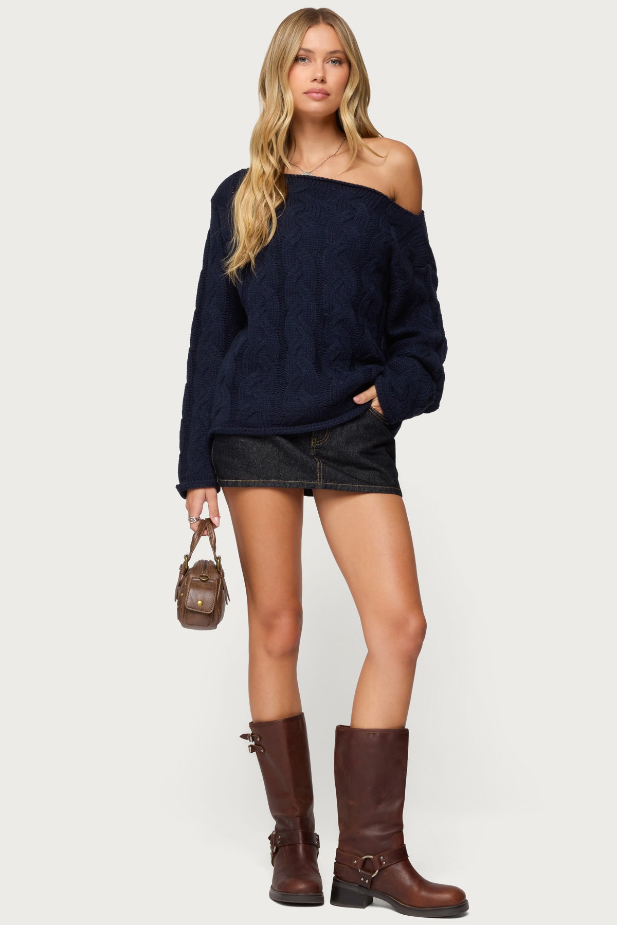 Nellie Off Shoulder Cable Knit Sweater – edikted