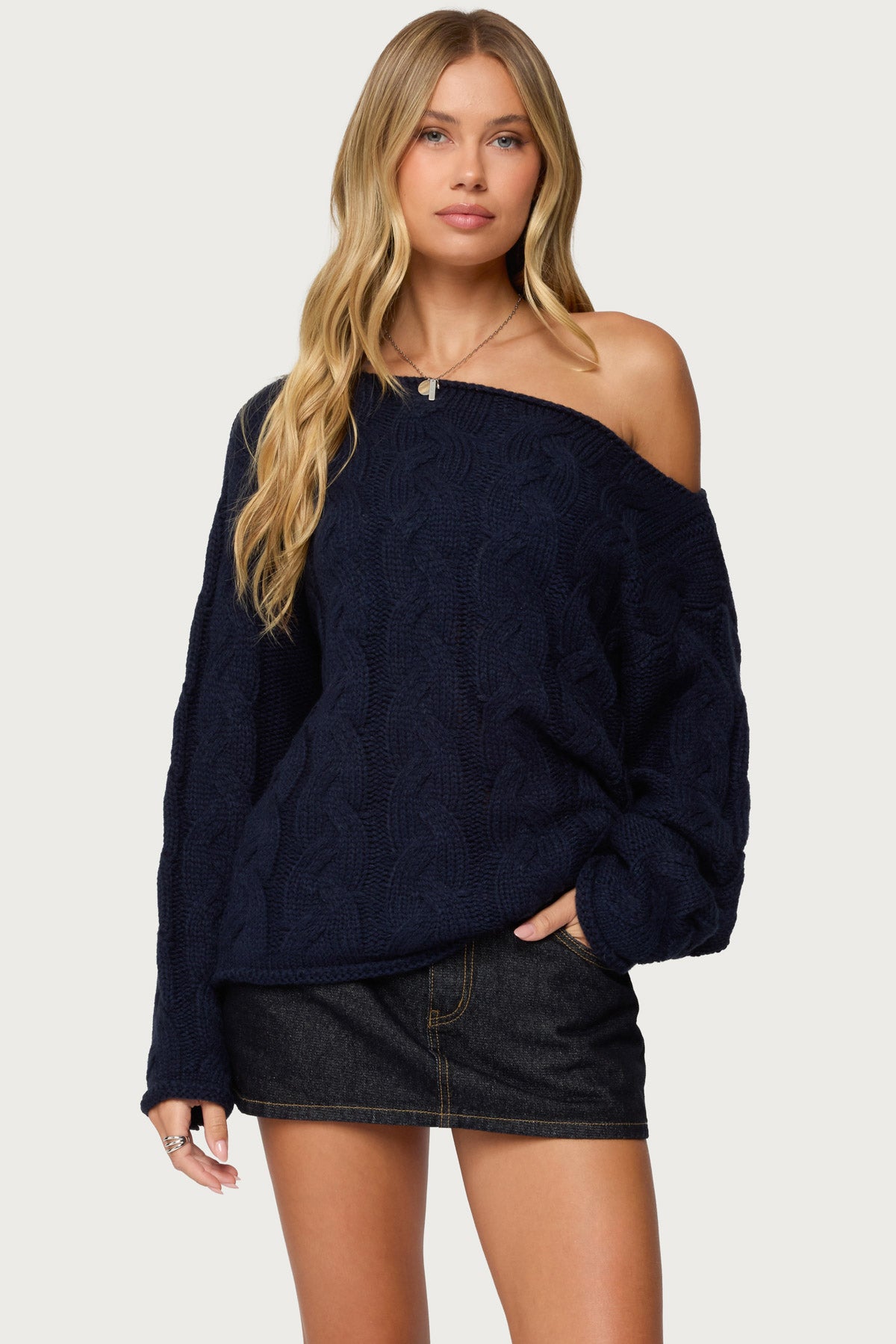 Nellie Off Shoulder Cable Knit Sweater – edikted