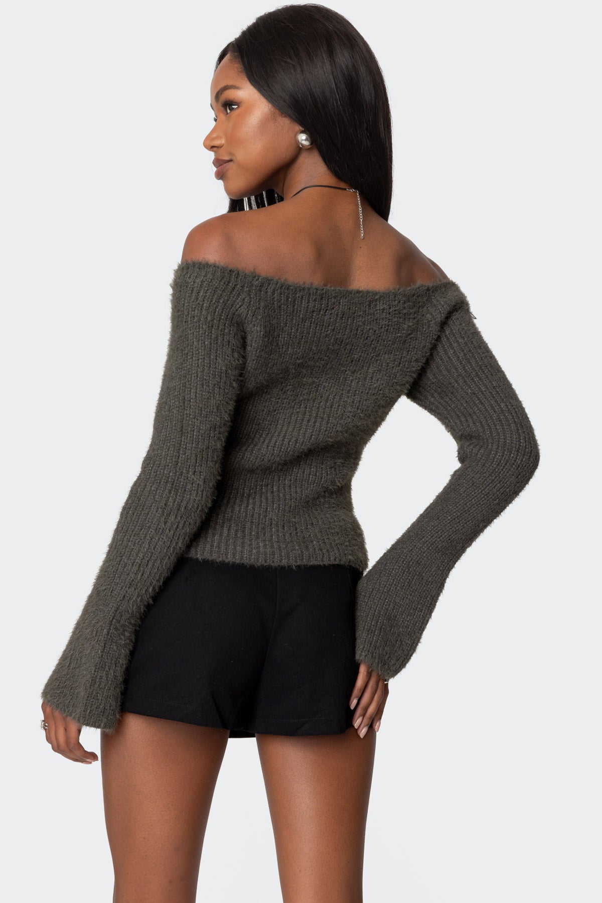 Keyhole Off Shoulder Ribbed Knit Top