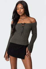 Keyhole Off Shoulder Ribbed Knit Top