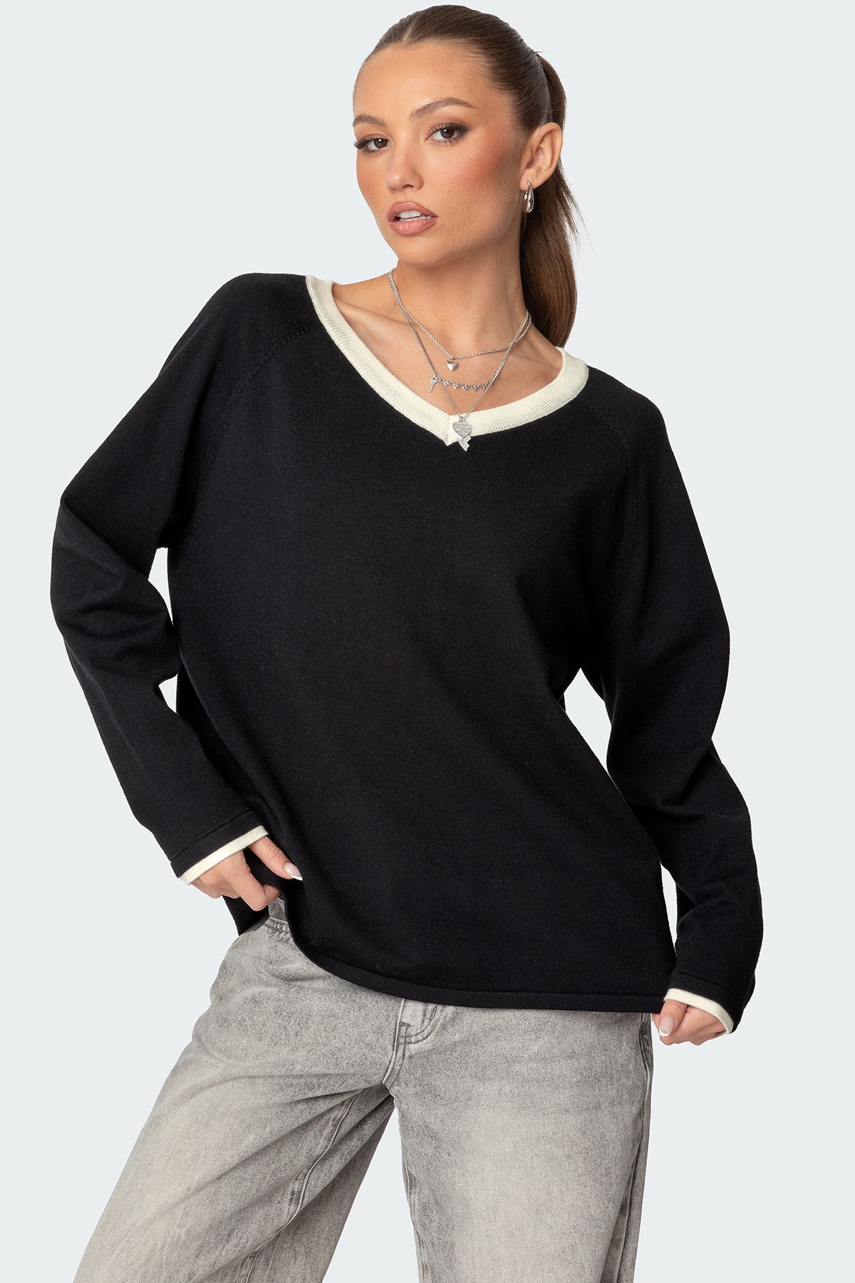 Contrast V Neck Knit Sweater