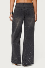 Rhinestone Washed Low Rise Baggy Jeans
