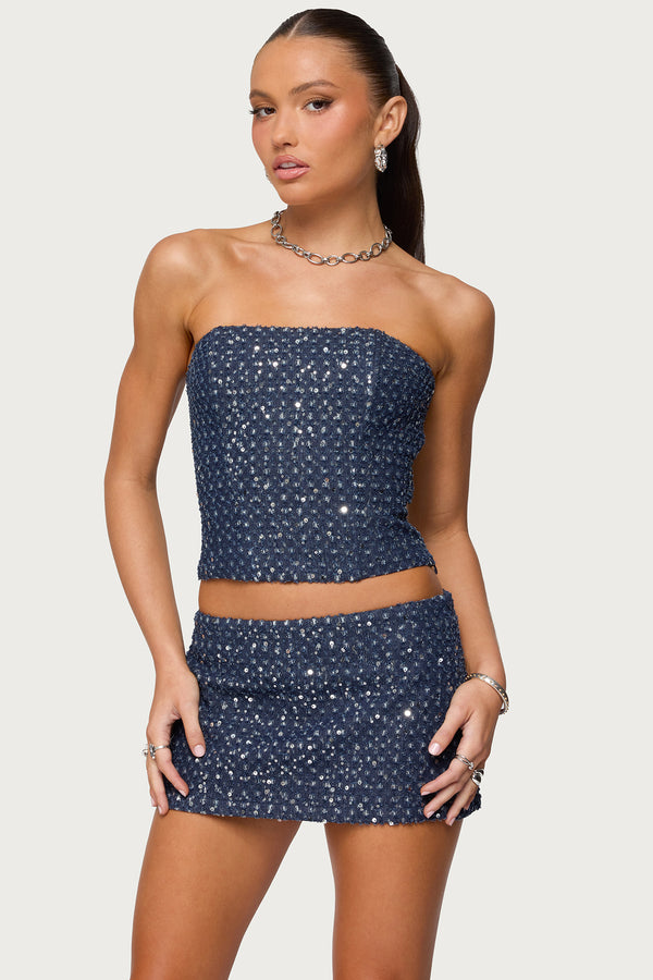 Sora Sequin Distressed Denim Corset