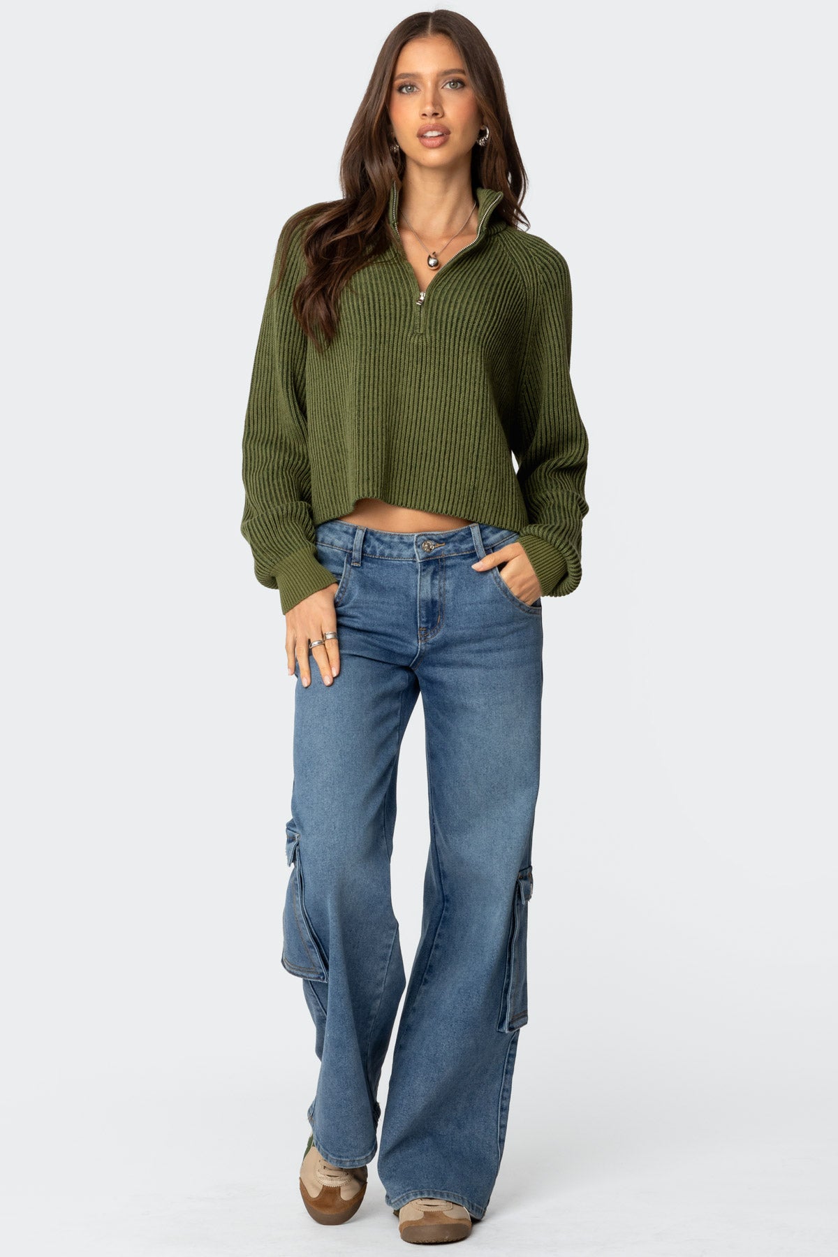 Cropped Rib Knit Half Zip Sweater