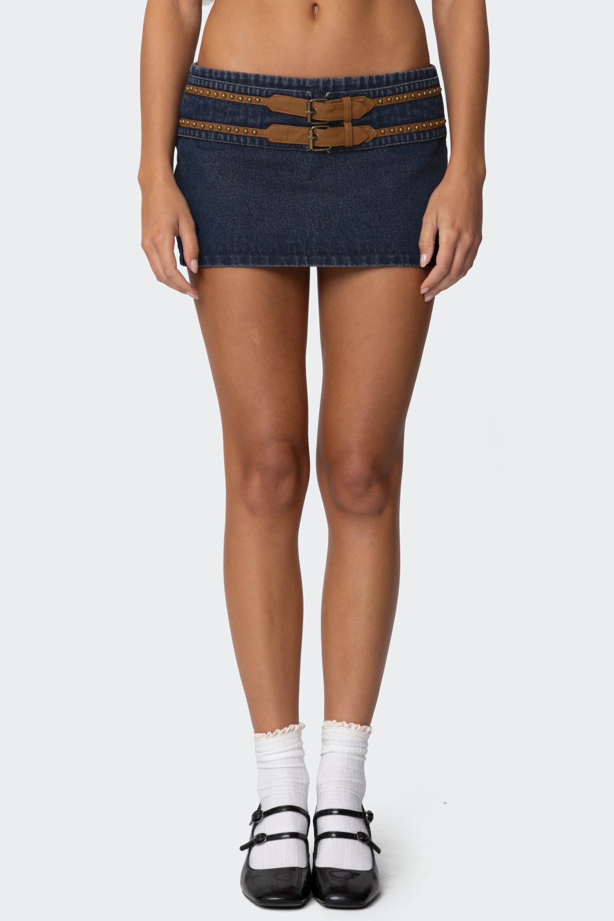 Sky Double Buckle Denim Mini Skort