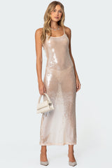 Sheer Sequin Slitted Maxi Dress