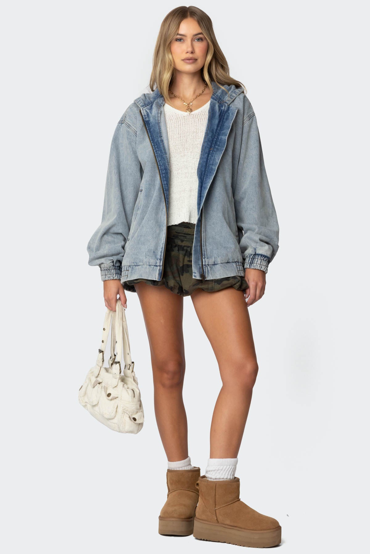 Hooded Vintage Washed Denim Bomber Jacket