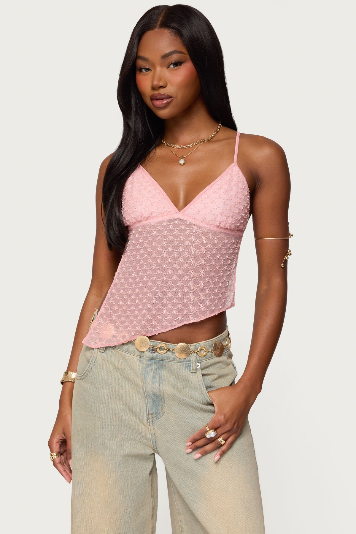 Beaded Mesh Asymmetric Backless Top – edikted