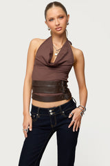 Buckle Cowl Neck Backless Top
