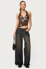 Sequin Asymmetric Mesh Halter Top